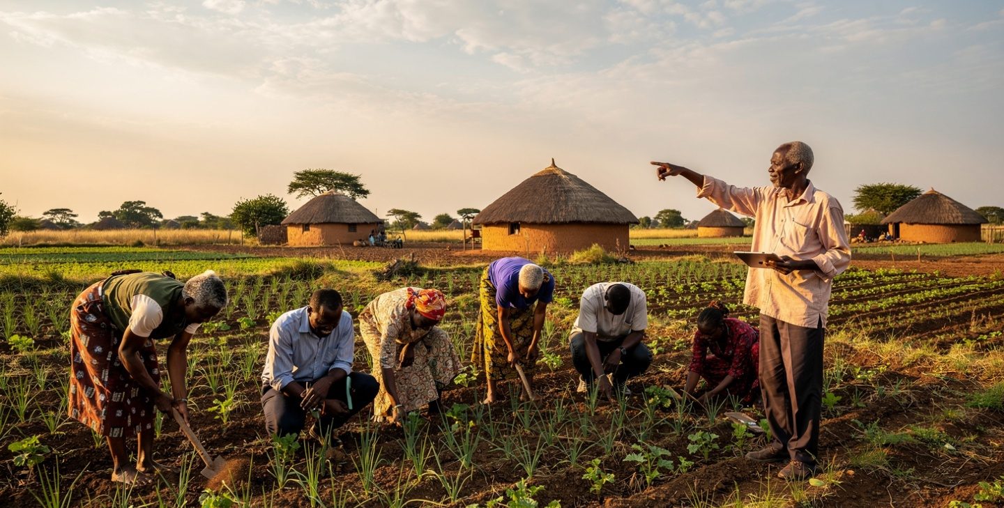 Members of a rural African community working the land together beside traditional dwellings
