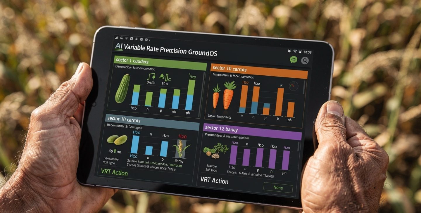 Close-up of weathered hands holding a tablet showing the GroundOS field dashboard