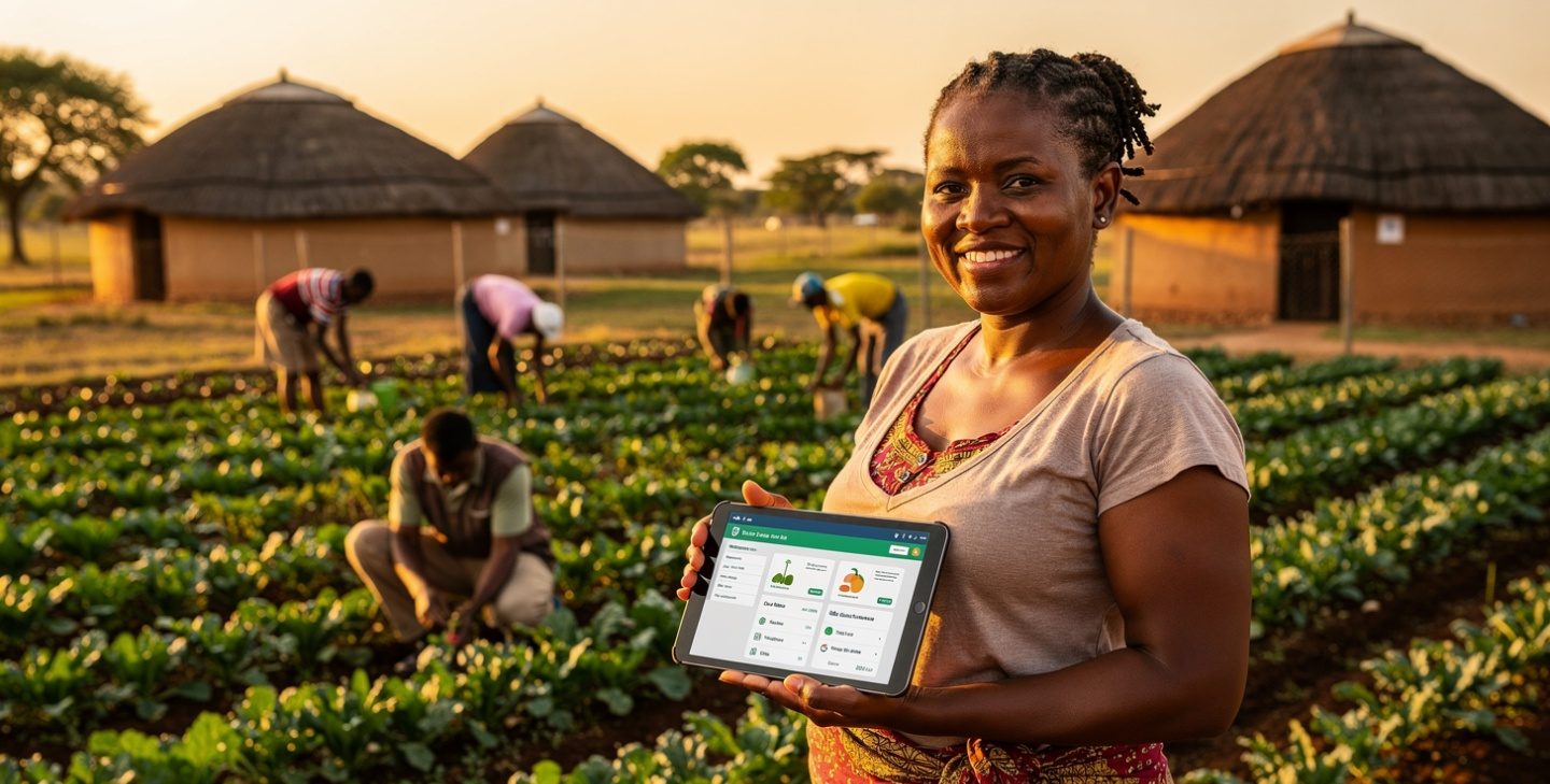 A farmer in the field holding a tablet showing the UBunTeCH dashboard